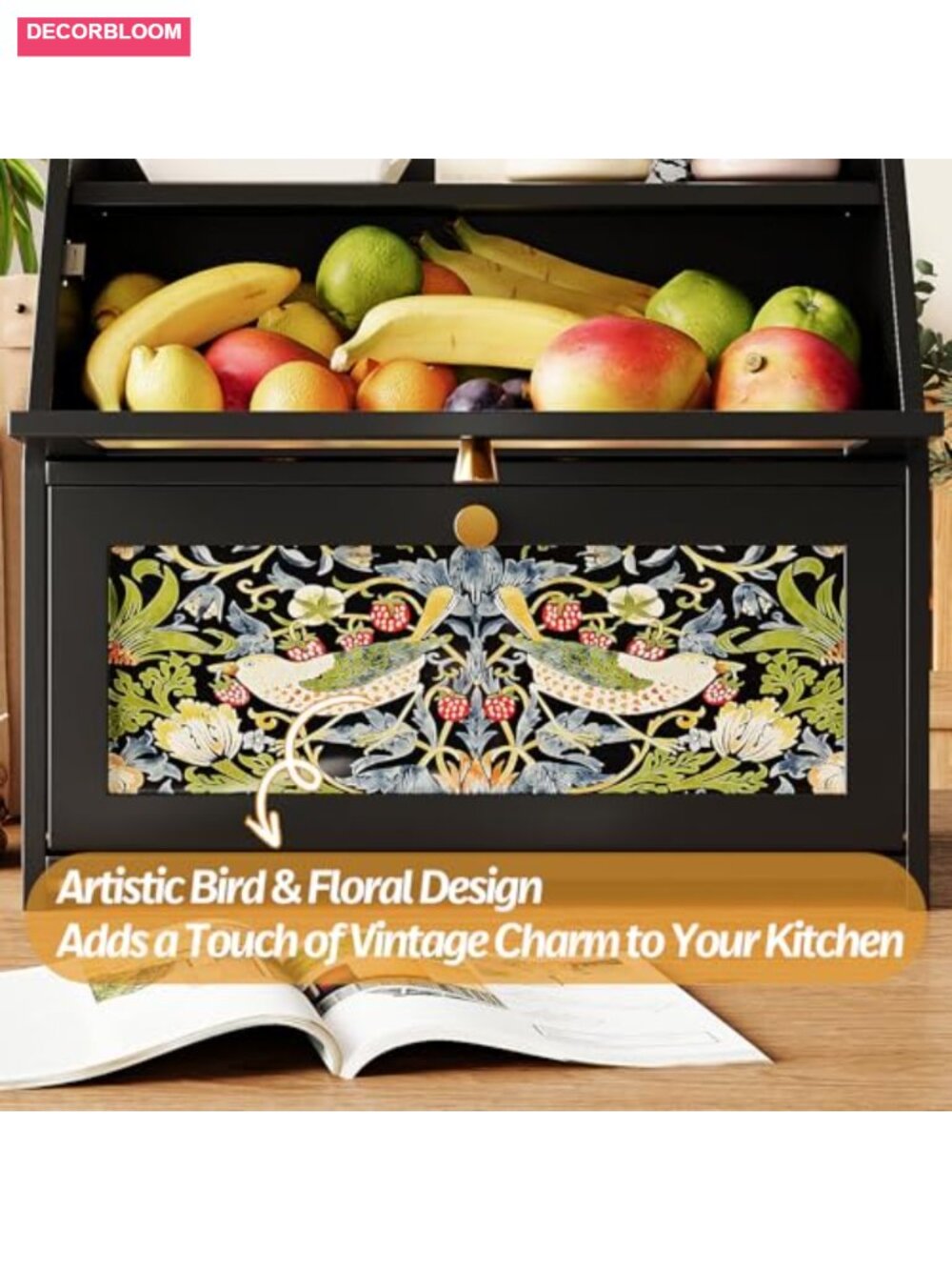 Bamboo Bread Box with Acrylic Door, 2 Layer, Farmhouse Design, Magnetic - Picture 4 of 6